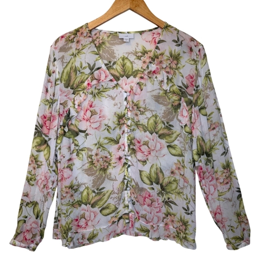 J. Jill White Floral Cream Ruffled Long Sleeve Blouse